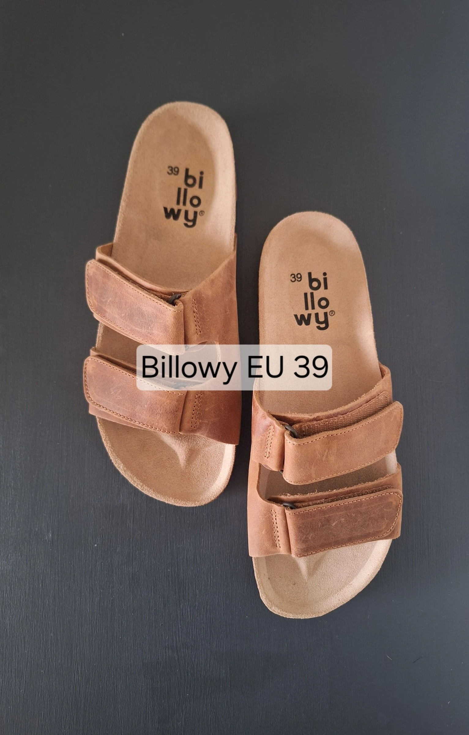 Billowy bruine leren slippers met 2 verstelbare banden 39